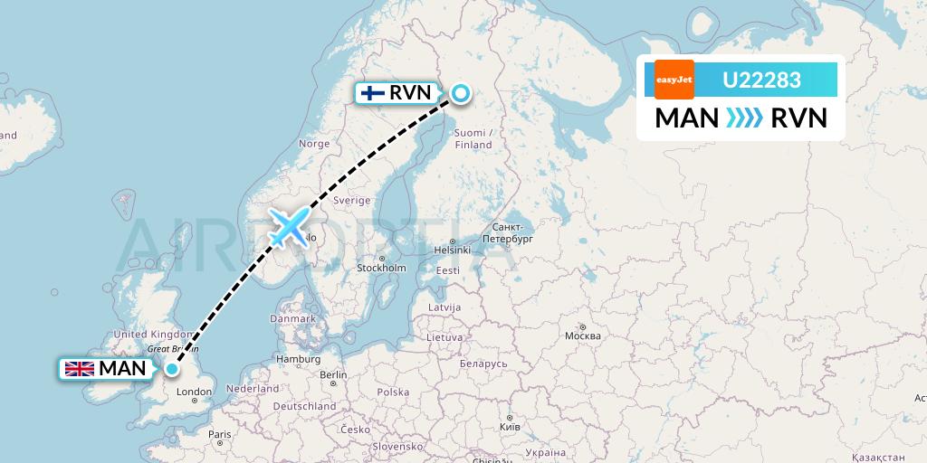 U22283 EasyJet Flight Map: Manchester to Rovaniemi