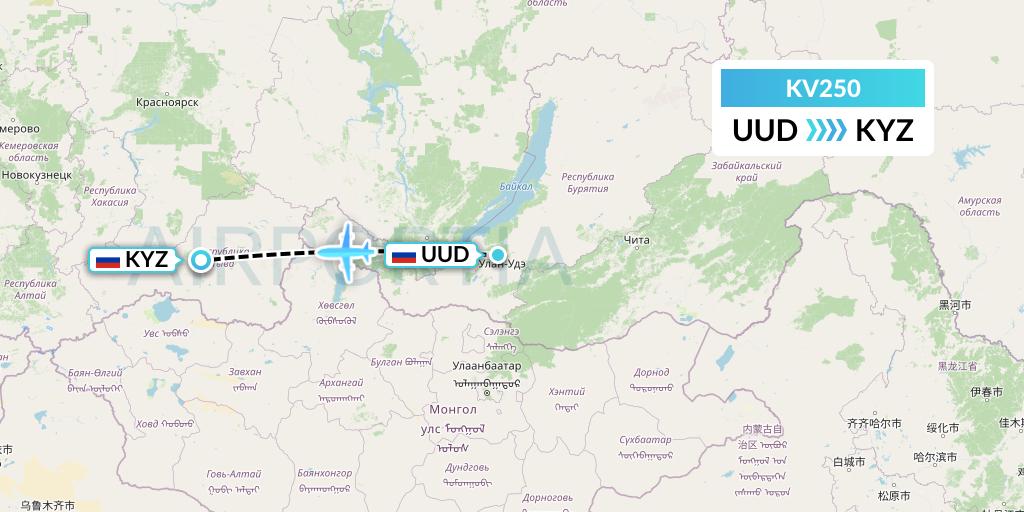 KV250 KrasAvia Flight Map: Ulan-Ude to Kyzyl