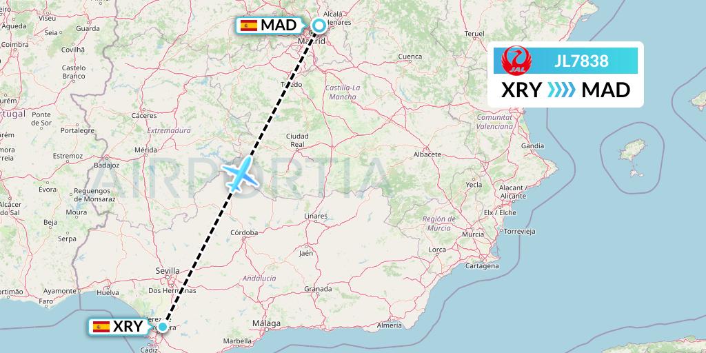 JL7838 Japan Airlines Flight Map: Jerez to Madrid