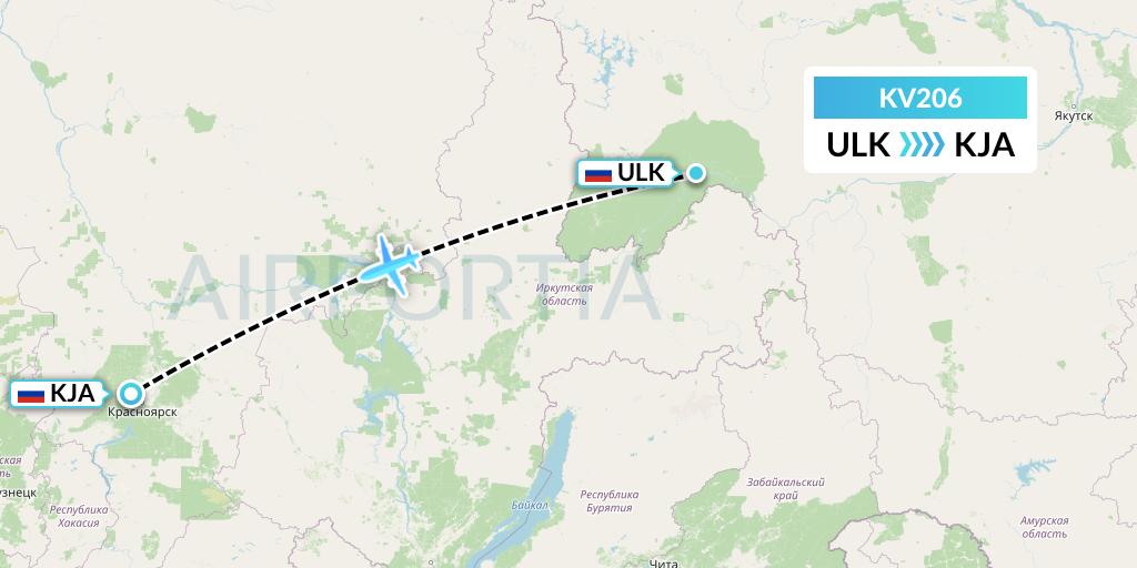 KV206 KrasAvia Flight Map: Lensk to Krasnoyarsk