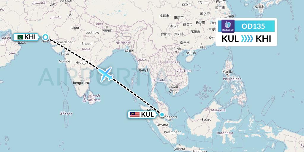 OD135 Batik Air Malaysia Flight Map: Kuala Lumpur to Karachi