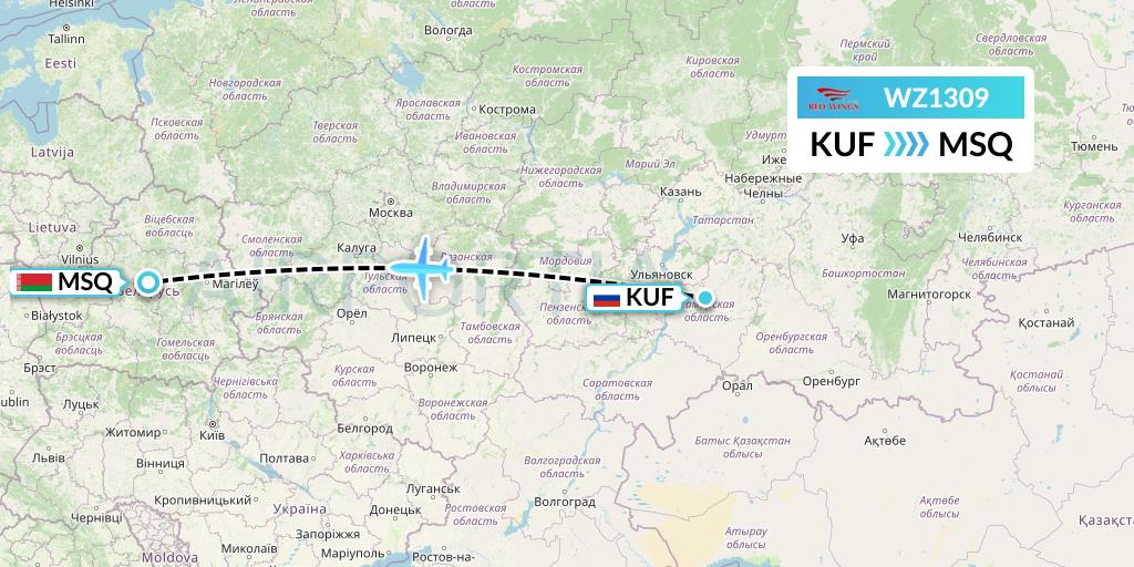 WZ1309 Red Wings Flight Map: Samara to Minsk