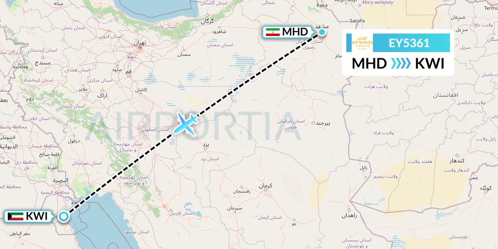 EY5361 Etihad Airways Flight Map: Mashhad to Kuwait City