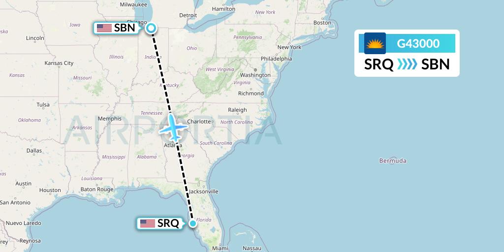 G43000 Allegiant Air Flight Map: Sarasota to South Bend
