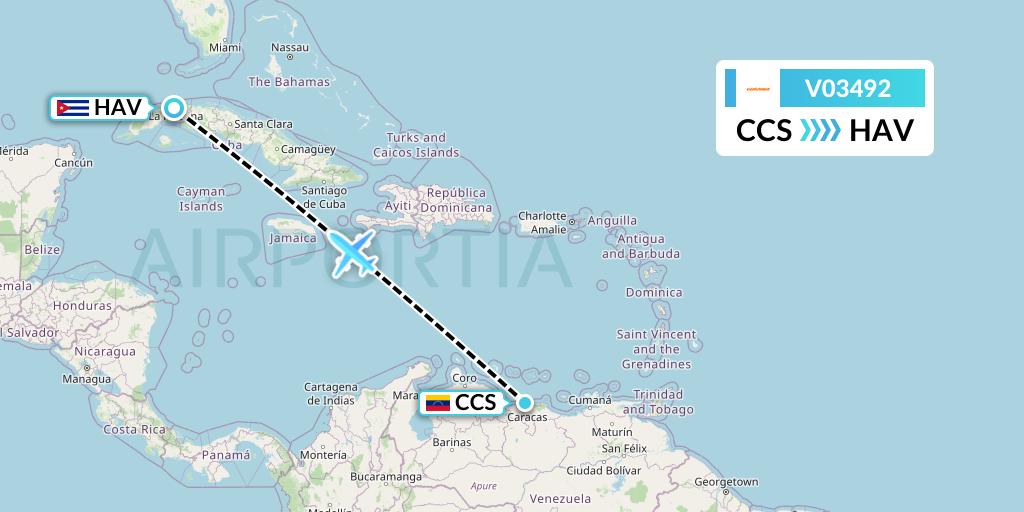 V03492 Conviasa Flight Map: Caracas to Havana