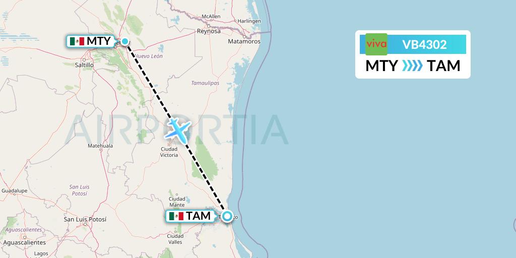 VB4302 VivaAerobus Flight Map: Monterrey to Tampico
