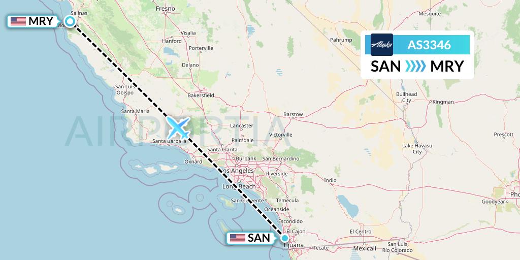 AS3346 Alaska Airlines Flight Map: San Diego to Monterey