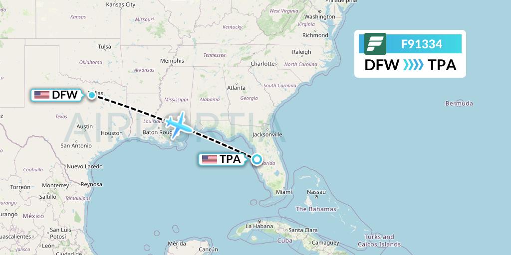 F91334 Frontier Airlines Flight Map: Dallas to Tampa