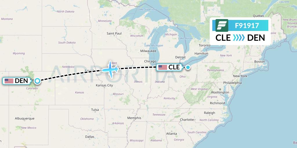 F91917 Frontier Airlines Flight Map: Cleveland to Denver