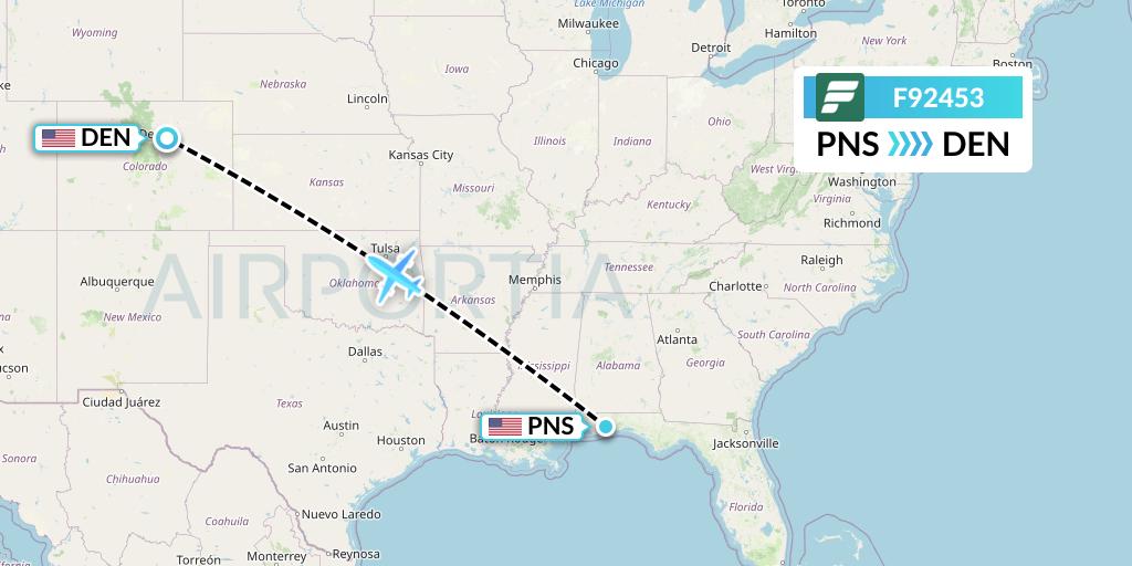 F92453 Frontier Airlines Flight Map: Pensacola to Denver