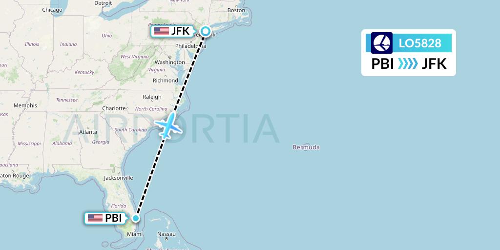 LO5828 LOT Flight Map: West Palm Beach to New York