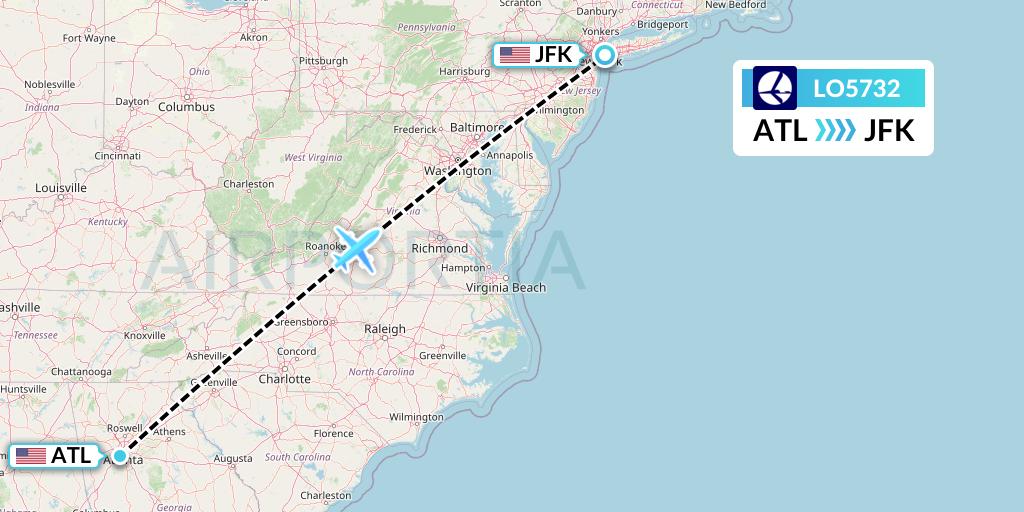 LO5732 LOT Flight Map: Atlanta to New York