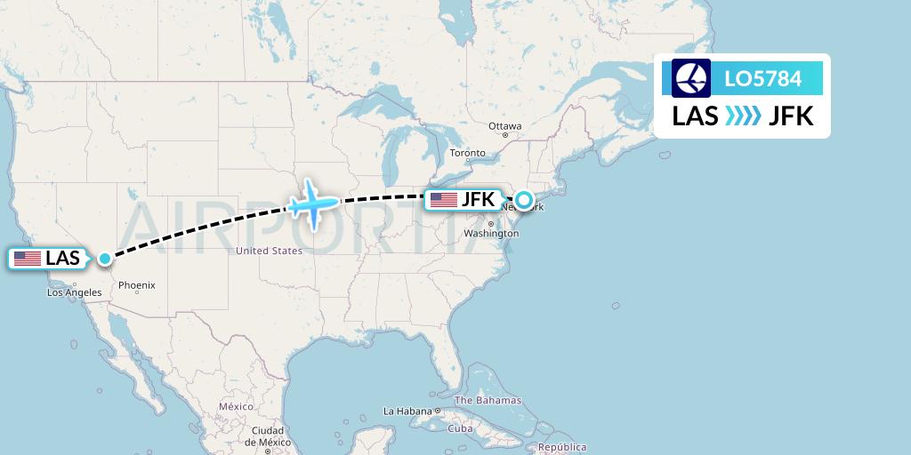 LO5784 LOT Flight Map: Las Vegas to New York