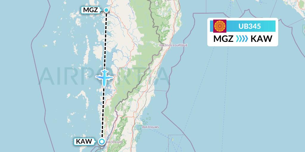 UB345 Myanmar National Airlines Flight Map: Myeik to Kawthaung