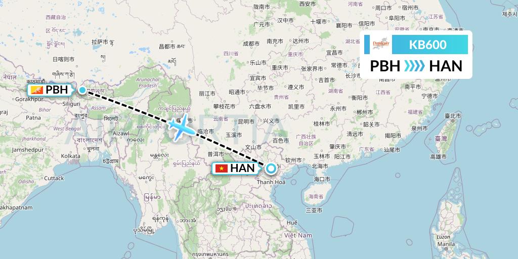 KB600 Druk Air Flight Map: Paro to Hanoi