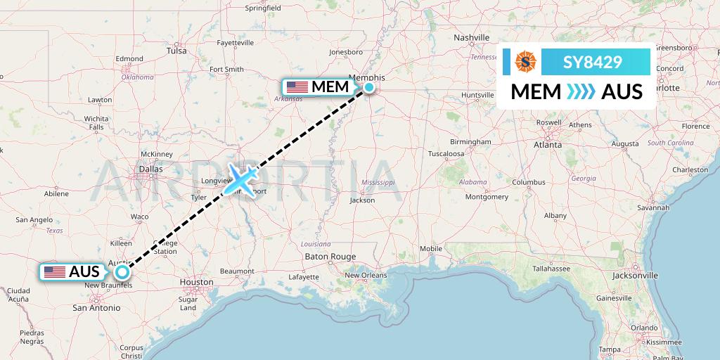 SY8429 Sun Country Airlines Flight Map: Memphis to Austin