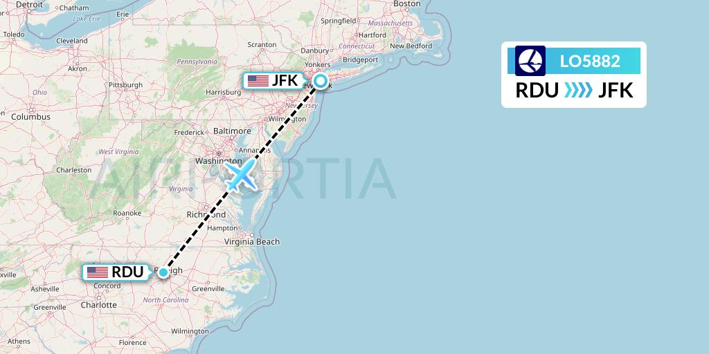 LO5882 LOT Flight Map: Raleigh-Durham to New York