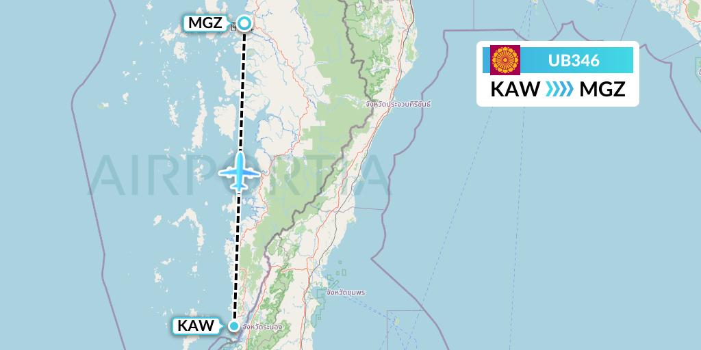 UB346 Myanmar National Airlines Flight Map: Kawthaung to Myeik