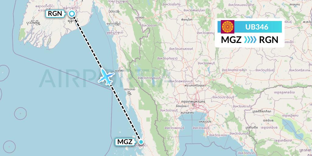 UB346 Myanmar National Airlines Flight Map: Myeik to Yangon