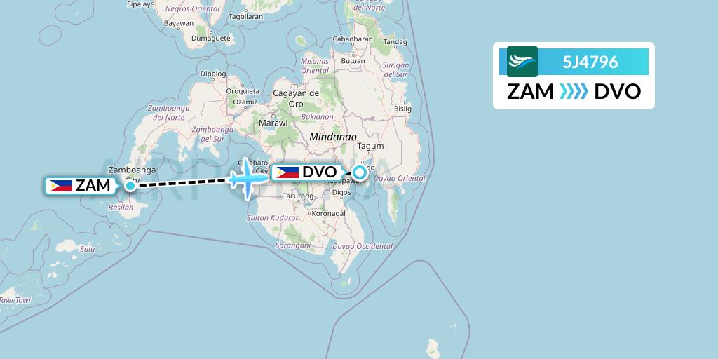 5J4796 CEBU Pacific Air Flight Map: Zamboanga to Davao City
