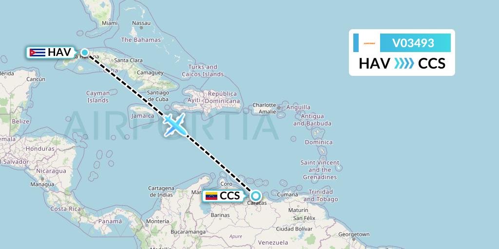 V03493 Conviasa Flight Map: Havana to Caracas
