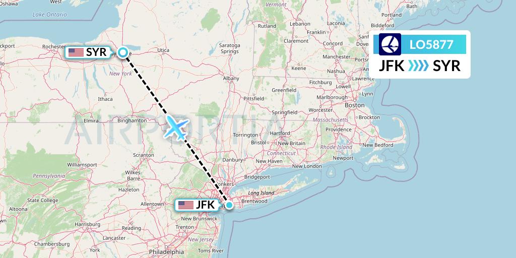 LO5877 LOT Flight Map: New York to Syracuse