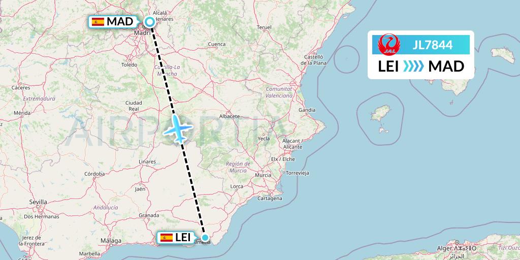 JL7844 Japan Airlines Flight Map: Almeria to Madrid