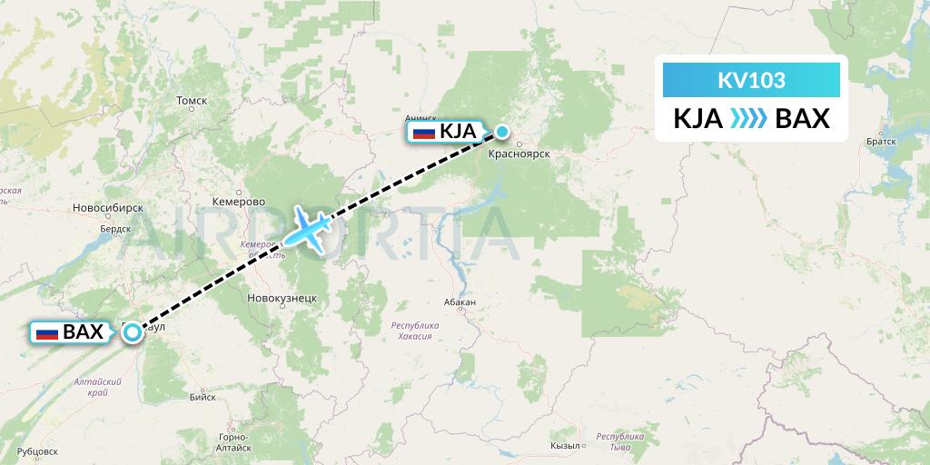 KV103 KrasAvia Flight Map: Krasnoyarsk to Barnaul