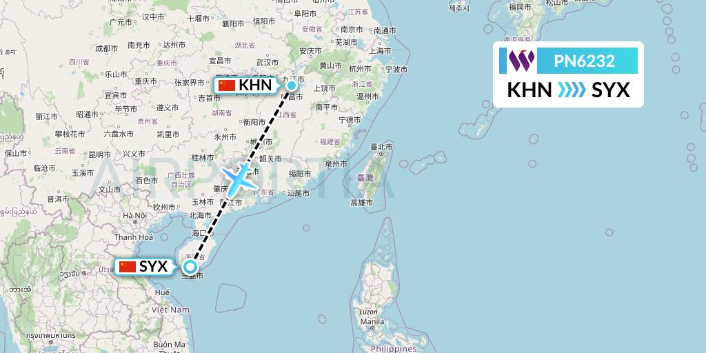 PN6232 China West Air Flight Map: Nanchang to Sanya