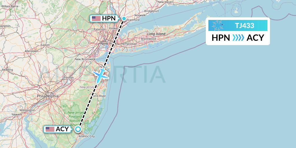 TJ433 Tradewind Aviation Flight Map: White Plains to Atlantic City