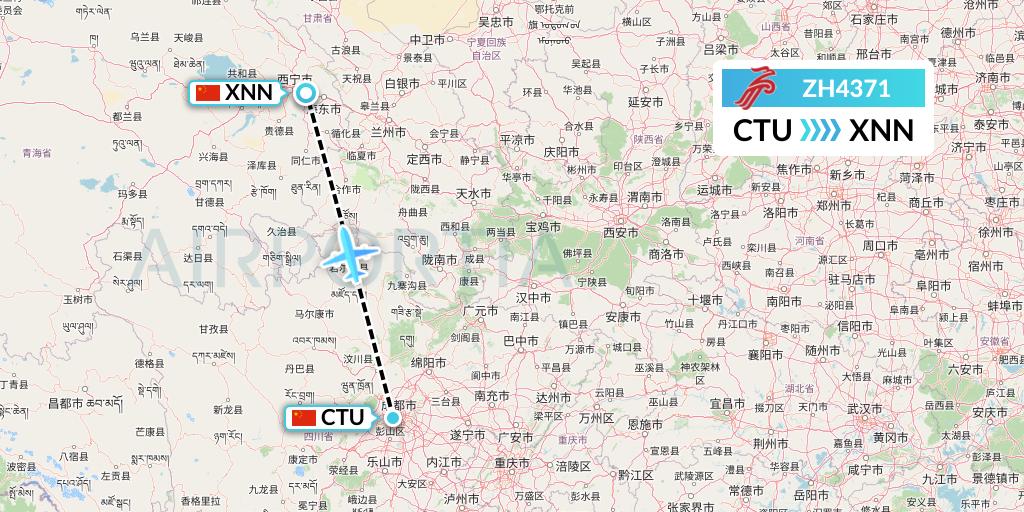 ZH4371 Shenzhen Airlines Flight Map: Chengdu to Xining