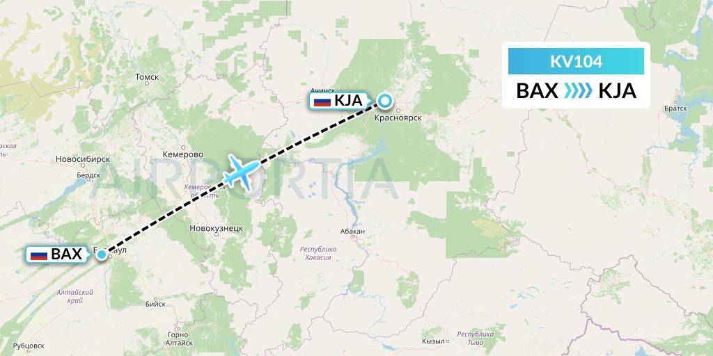 KV104 KrasAvia Flight Map: Barnaul to Krasnoyarsk
