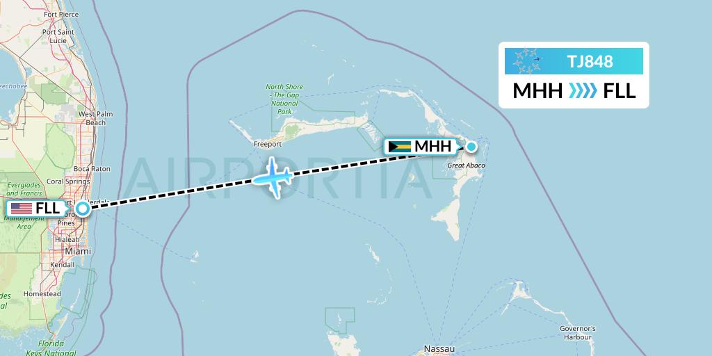 TJ848 Tradewind Aviation Flight Map: Marsh Harbour to Fort Lauderdale