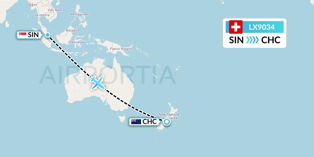 LX9034 Swiss Flight Map: Singapore to Christchurch