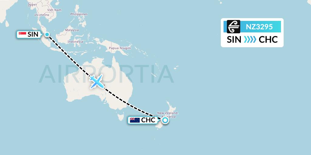 NZ3295 Air New Zealand Flight Map: Singapore to Christchurch