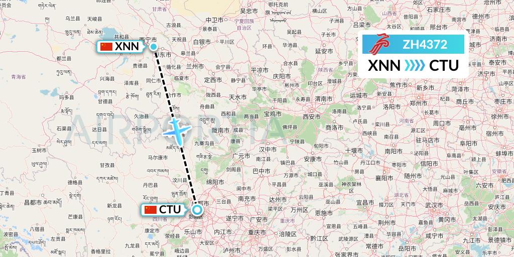 ZH4372 Shenzhen Airlines Flight Map: Xining to Chengdu