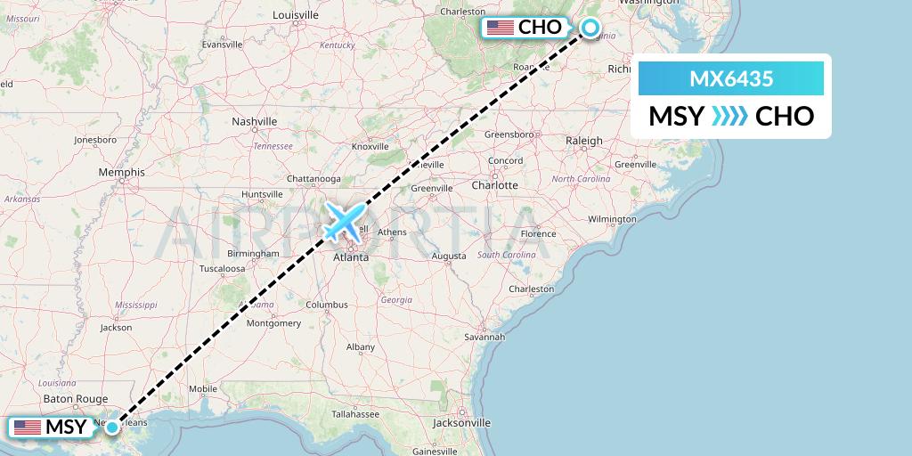 MX6435 Breeze Airways Flight Map: New Orleans to Charlottesville