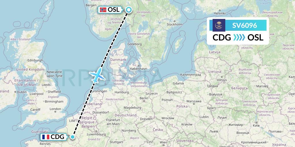 SV6096 Saudi Arabian Airlines Flight Map: Paris to Oslo