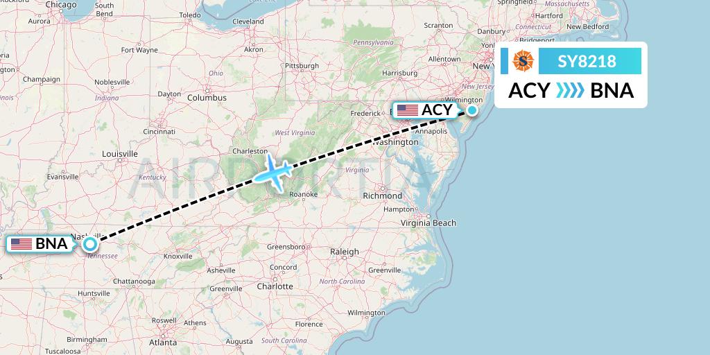 SY8218 Sun Country Airlines Flight Map: Atlantic City to Nashville