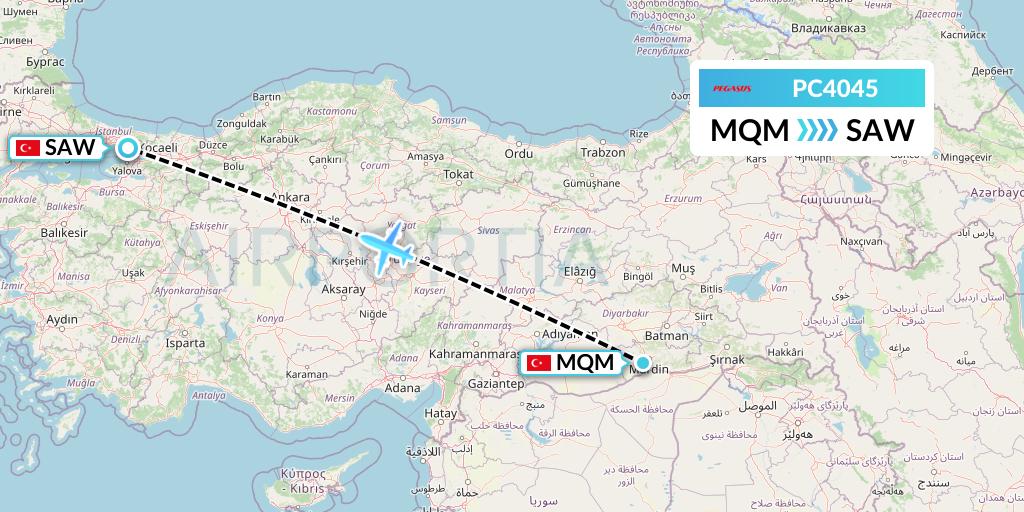 PC4045 Pegasus Airlines Flight Map: Mardin to Istanbul