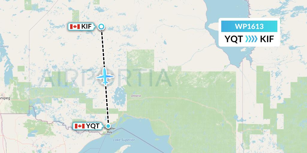 WP1613 Wasaya Airways Lp Flight Map: Thunder Bay to Kingfisher Lake