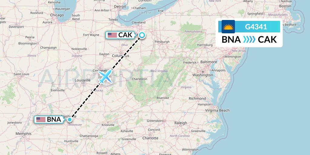 G4341 Allegiant Air Flight Map: Nashville to Akron
