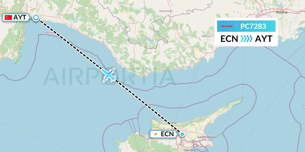 PC7283 Pegasus Airlines Flight Map: Tymvou to Antalya