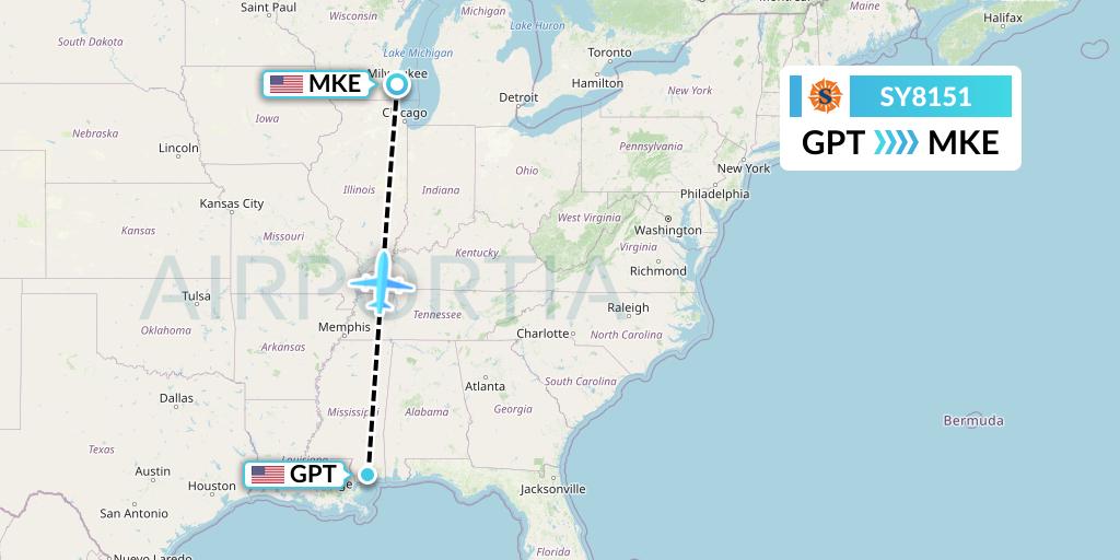 SY8151 Sun Country Airlines Flight Map: Gulfport to Milwaukee