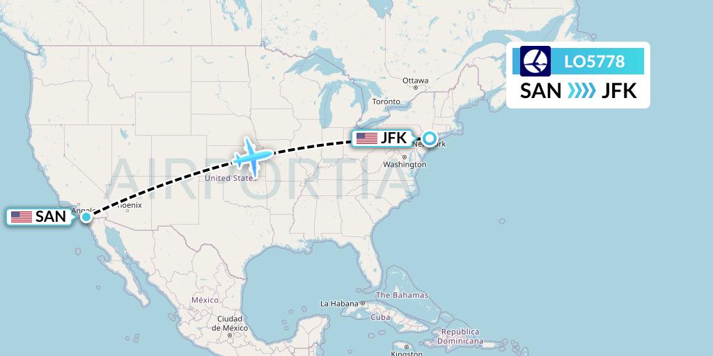 LO5778 LOT Flight Map: San Diego to New York