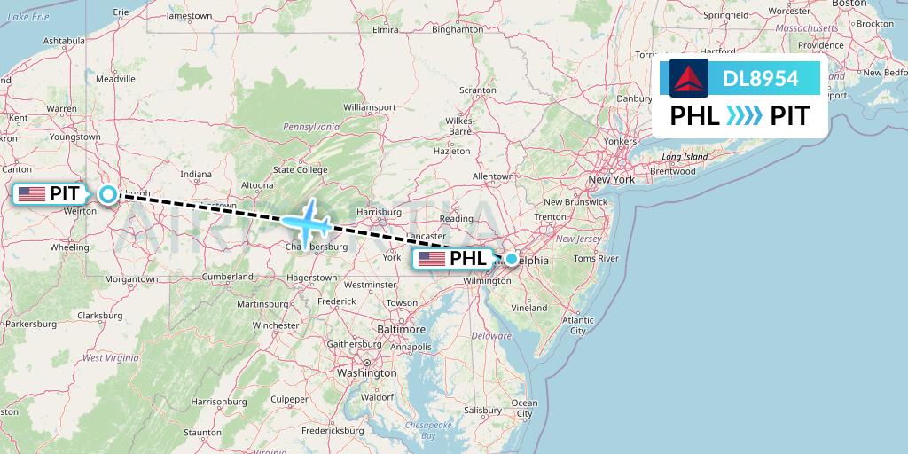 DL8954 Delta Air Lines Flight Map: Philadelphia to Pittsburgh