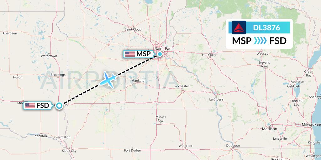 DL3876 Delta Air Lines Flight Map: Minneapolis to Sioux Falls