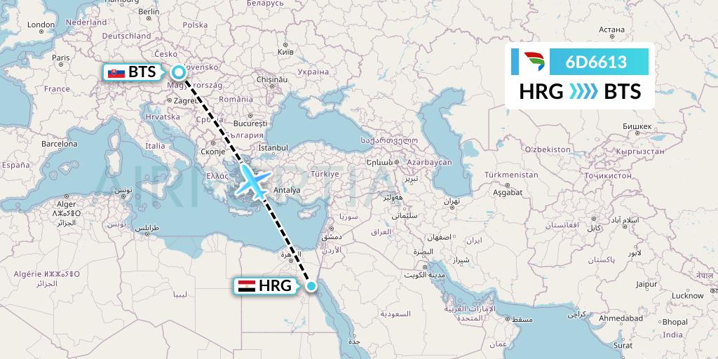 6D6613 Travel Service Slovakia Flight Map: Hurghada to Bratislava