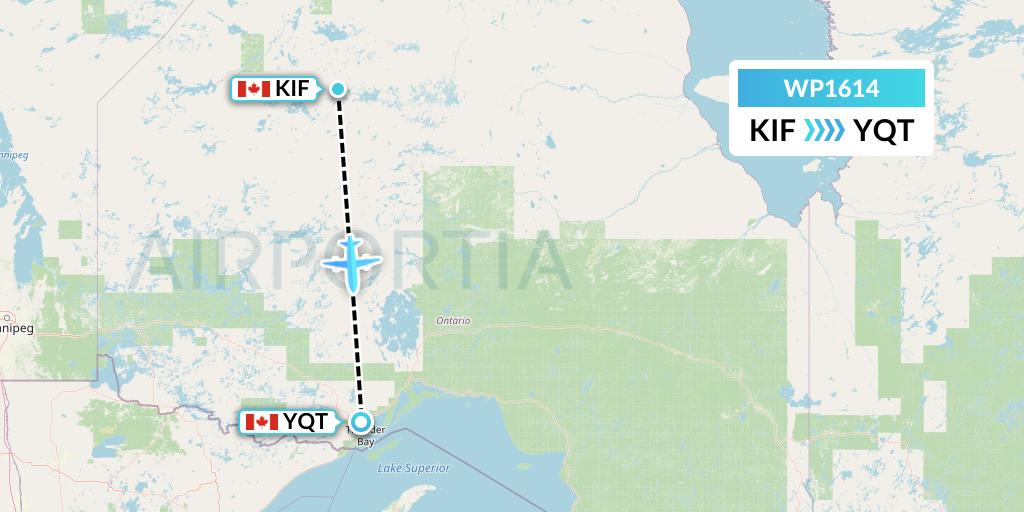 WP1614 Wasaya Airways Lp Flight Map: Kingfisher Lake to Thunder Bay