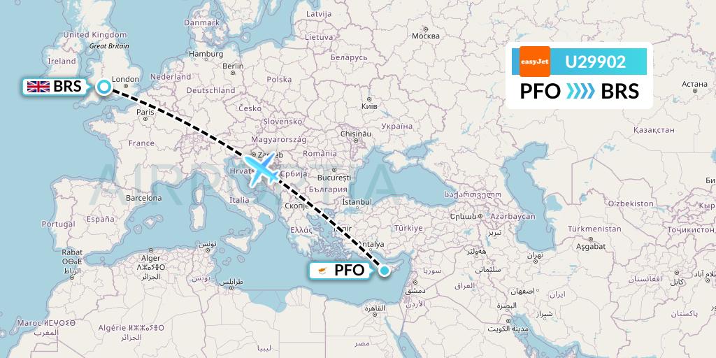 U29902 EasyJet Flight Map: Pafos to Bristol